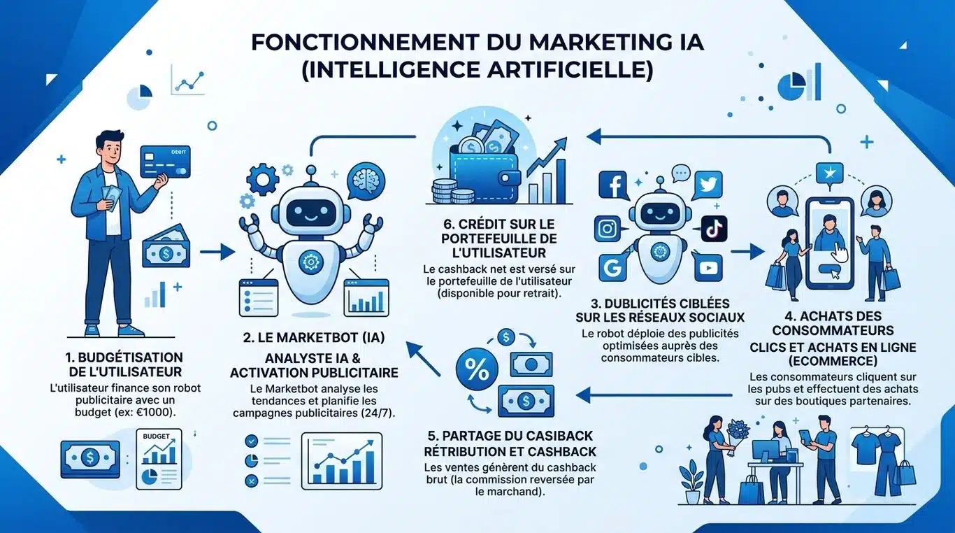 Schéma de fonctionnement du Marketbot et du cycle de cashback