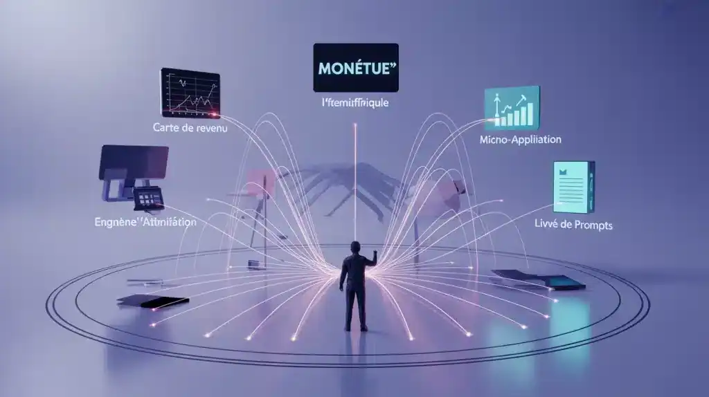 Illustration pour monétiser l’intelligence artificielle : flux de données vers revenus