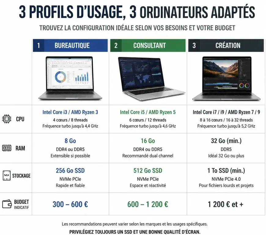 Infographie comparative des configurations d'ordinateur portable pour travailler selon le profil d'usage