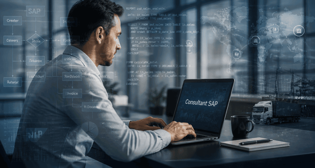 Consultant SAP travaillant sur ordinateur avec schémas SAP