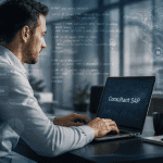 Consultant SAP travaillant sur ordinateur avec schémas SAP