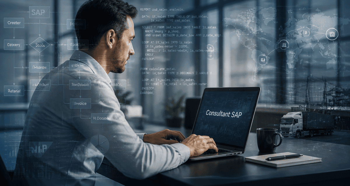 Consultant SAP travaillant sur ordinateur avec schémas SAP