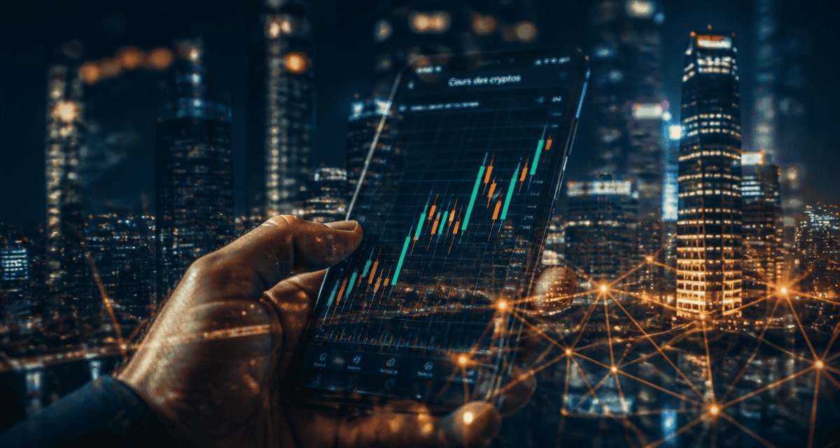 Cours des crypto sur smartphone, graphique bougies japonaises