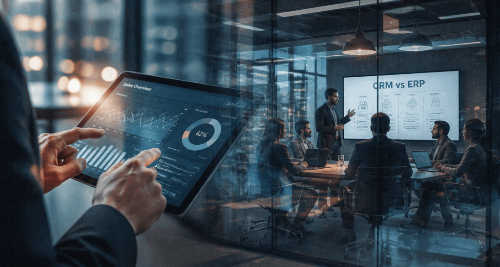 crm versus erp réunion et analyse sur tablette