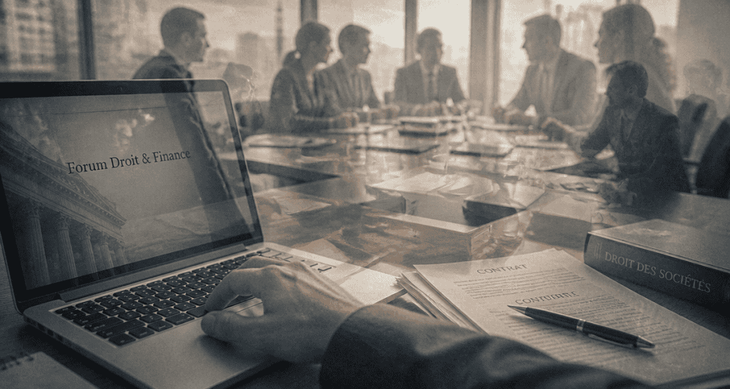 droit et finance forum, main sur clavier et documents