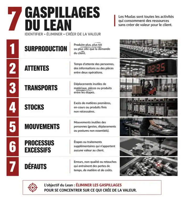 Infographie des 7 gaspillages (Mudas) dans le lean manufacturing pour l'optimisation industrielle