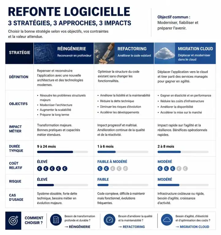 Comparatif des stratégies de refonte logicielle : Réingénierie, Refactoring et Migration Cloud pour la modernisation de votre système d'information.