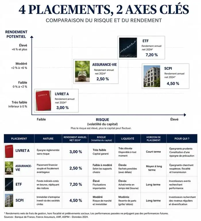 Infographie comparative des supports d'investissement : Livret A, Assurance-Vie, ETF et SCPI selon le risque et le rendement