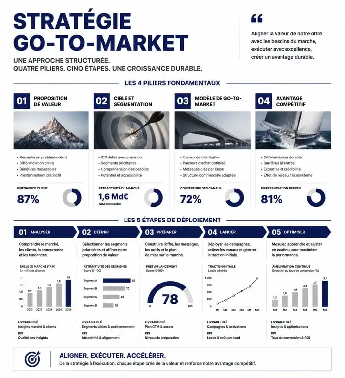 Infographie illustrant les étapes et piliers d'une stratégie go-to-market efficace pour le lancement de produit