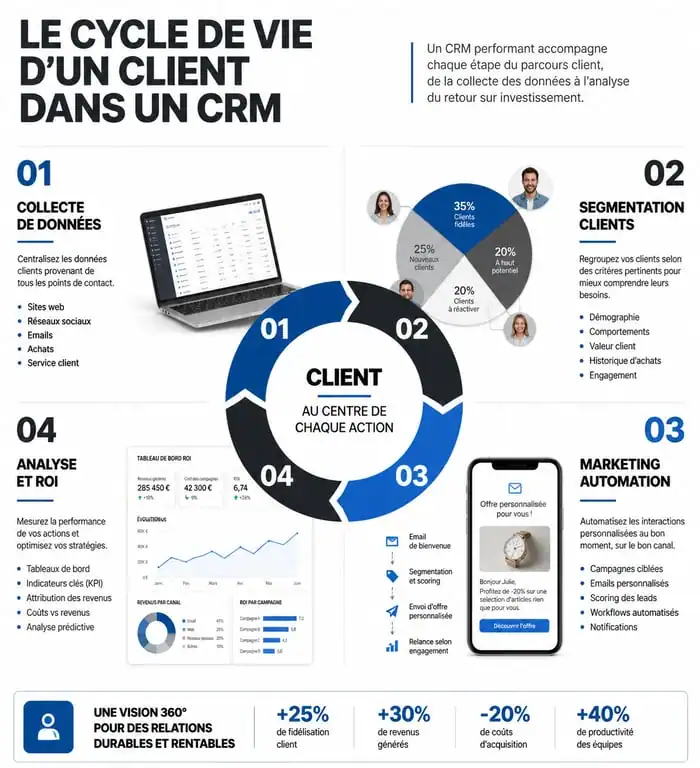 Infographie du parcours client et des étapes clés d'une formation CRM