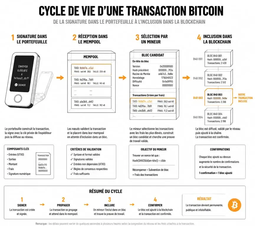 Schéma explicatif du cycle de vie d'une transaction Bitcoin sur la blockchain