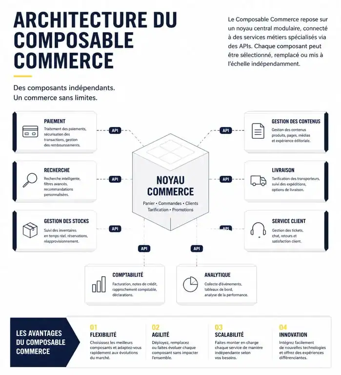 Schéma de l'architecture Composable Commerce pour conseil en e-commerce