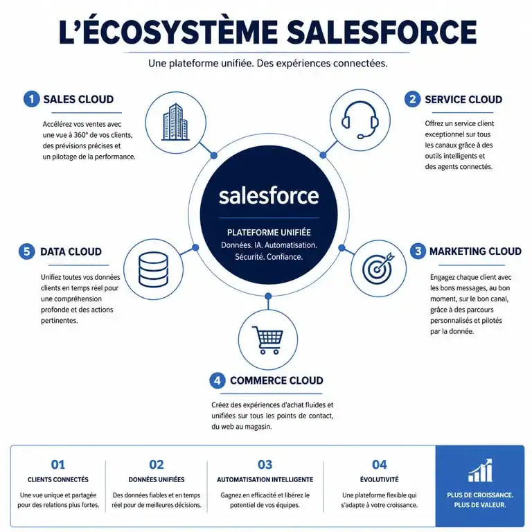 Infographie des modules Salesforce : Sales Cloud, Service Cloud, Marketing Cloud, Commerce Cloud et Data Cloud