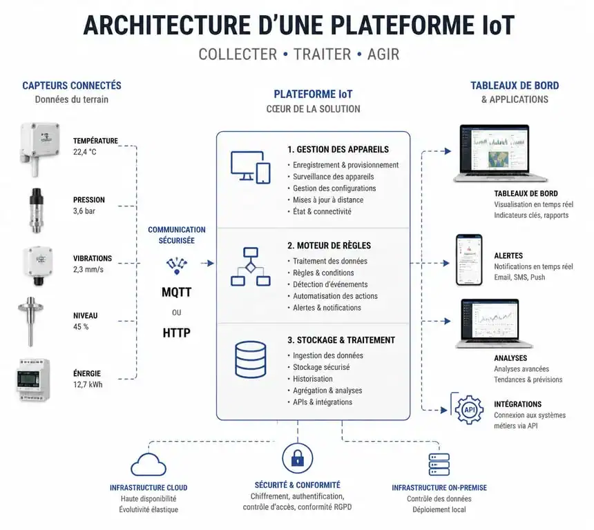 Schéma d'architecture d'une plateforme IoT pour la gestion des appareils connectés