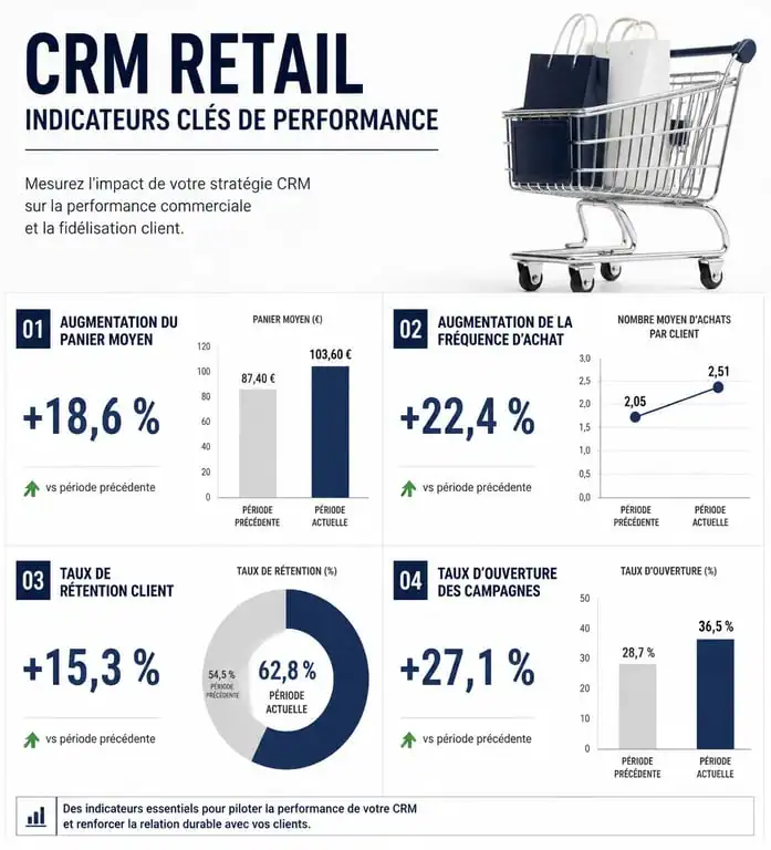 Infographie des indicateurs de performance (KPI) pour un CRM en grande distribution