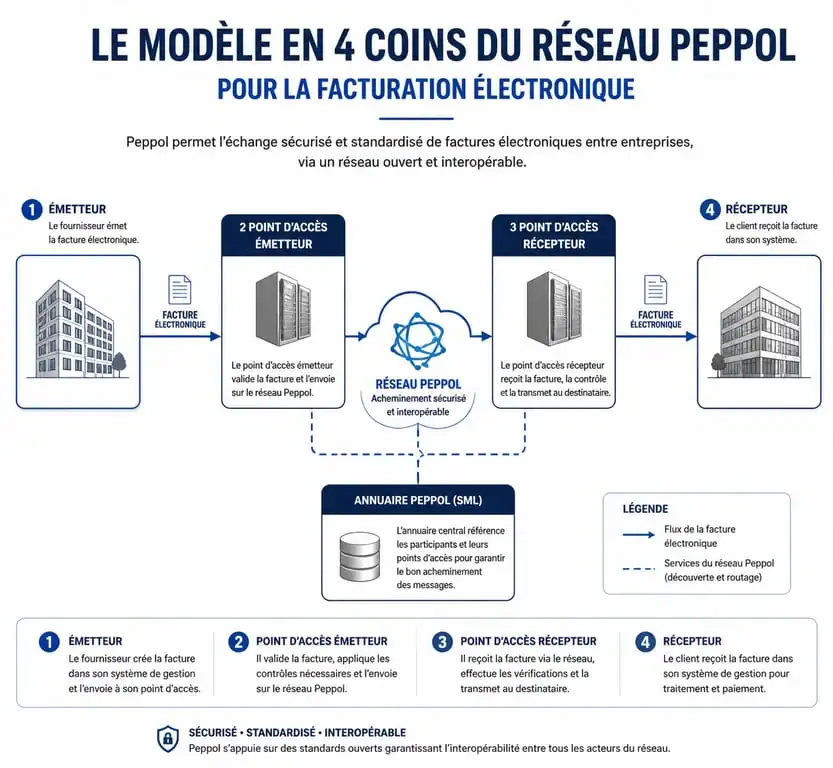 Schéma du fonctionnement du réseau Peppol France et du modèle en 4 coins pour la facturation électronique