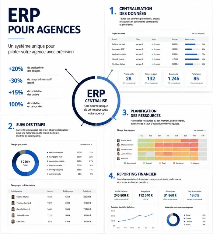 Infographie des bénéfices d'un ERP pour agence : gestion de projet, suivi des temps et rentabilité