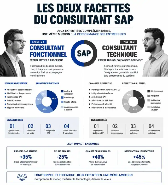 Infographie comparative des rôles de consultant SAP fonctionnel et technique