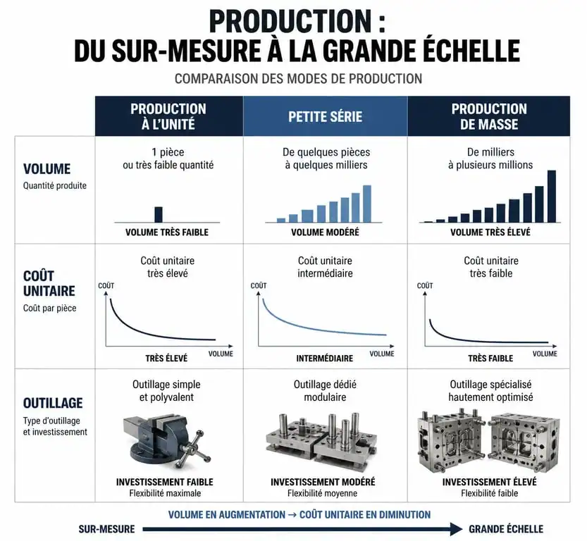 Infographie comparative des modes de production : de la production à l'unité à la production en série.