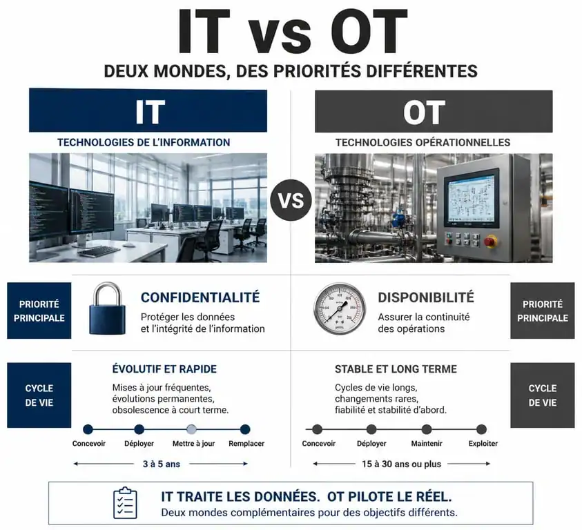 Infographie comparative IT vs OT : différences entre technologies de l'information et technologies opérationnelles dans l'industrie.