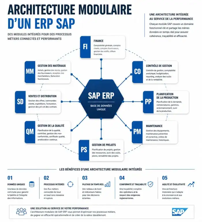 Architecture modulaire des modules SAP : FI, CO, MM, SD, PP, QM, PM, PS
