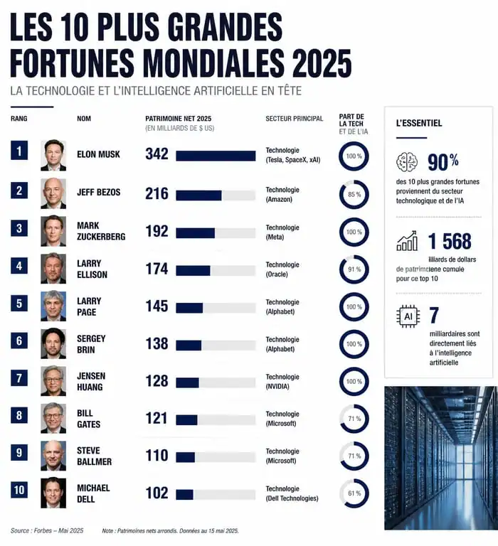 Infographie du classement fortune mondiale 2025 des milliardaires et leur secteur d'activité