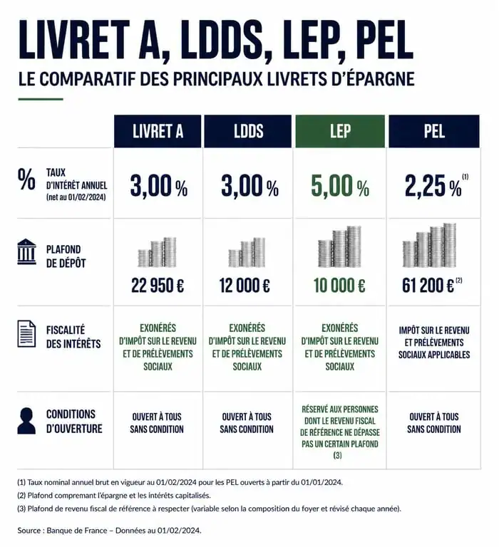 Infographie comparative des meilleurs livrets pour placer son argent : Livret A, LDDS, LEP et PEL