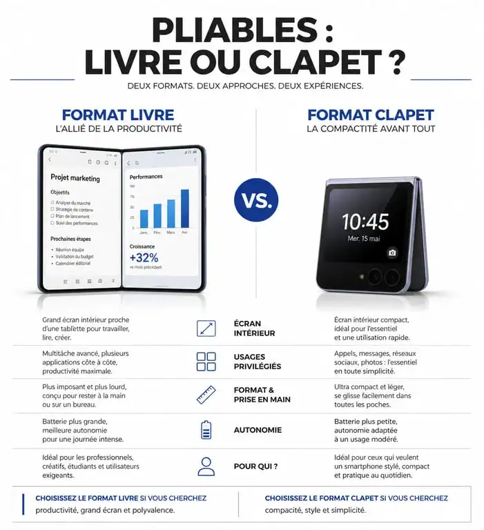 Comparatif des formats de smartphones pliables : livre vs clapet pour choisir le meilleur modèle
