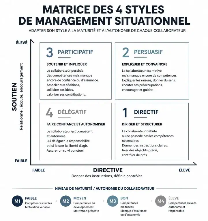 Infographie des 4 styles de management situationnel pour les fondamentaux du management