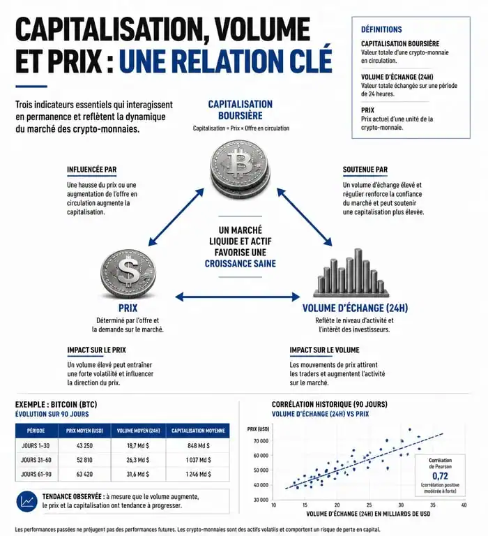 Infographie explicative sur la capitalisation boursière et le cours des crypto-monnaies