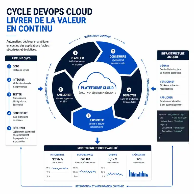 Schéma illustrant le cycle DevOps Cloud et ses composants techniques