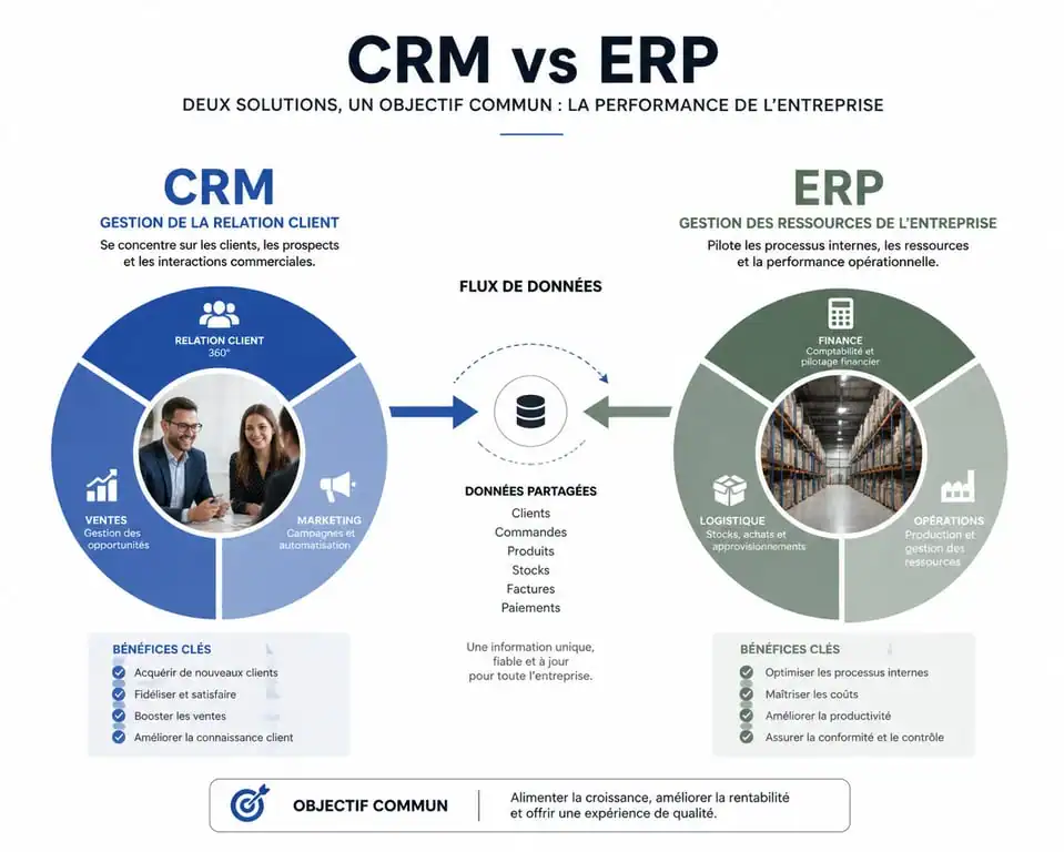 Infographie comparative CRM versus ERP : différences entre gestion de la relation client et gestion des ressources d'entreprise