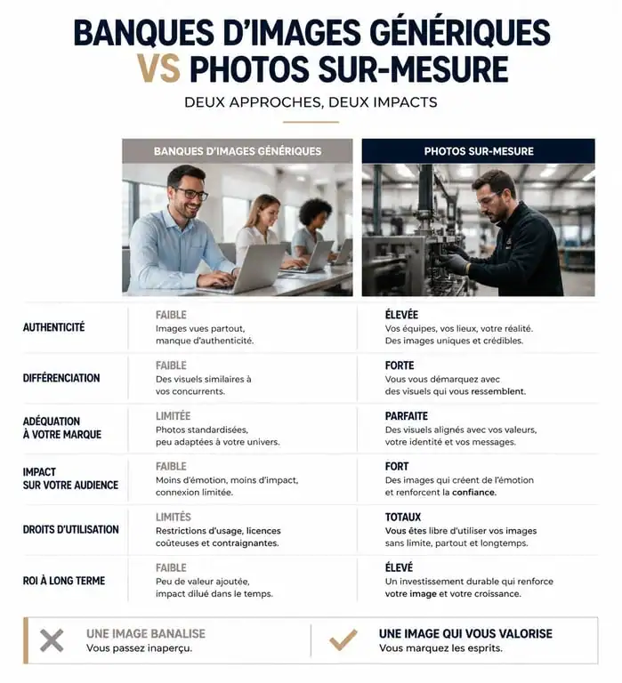 Comparatif entre banques d'images et photos sur-mesure pour l'image d'entreprise