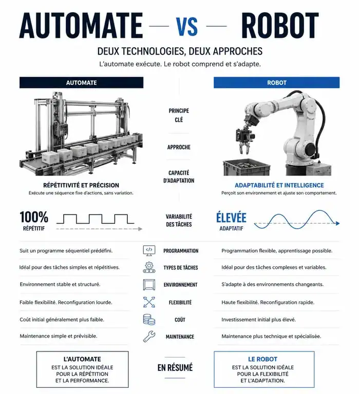 Infographie comparative entre automate et robot pour comprendre leurs différences techniques