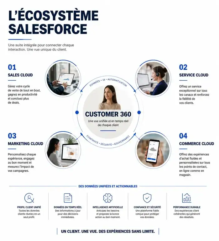 Schéma illustrant l'écosystème Salesforce et le concept Customer 360 pour comprendre ce qu'est Salesforce.