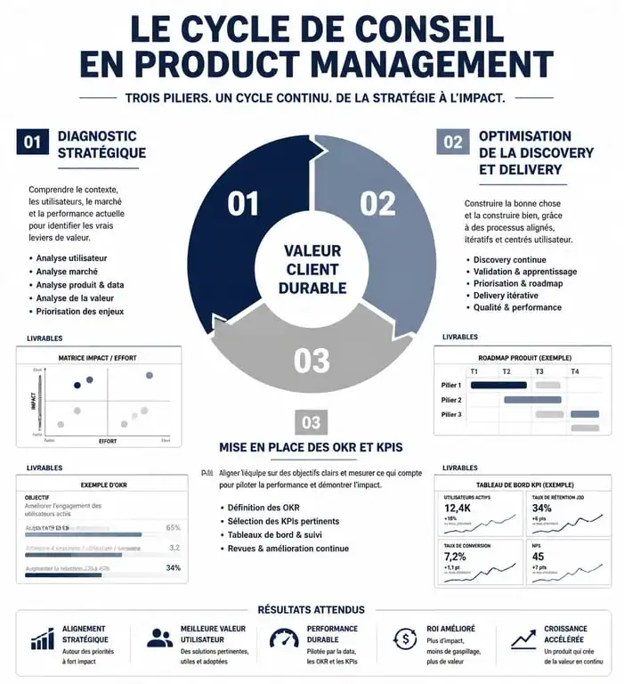 Infographie du processus de conseil en product management : diagnostic, discovery, delivery et KPIs