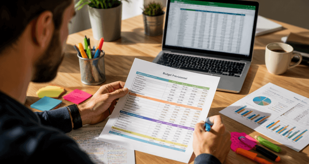 exemple budget prévisionnel sur bureau avec ordinateur