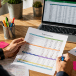 exemple budget prévisionnel sur bureau avec ordinateur