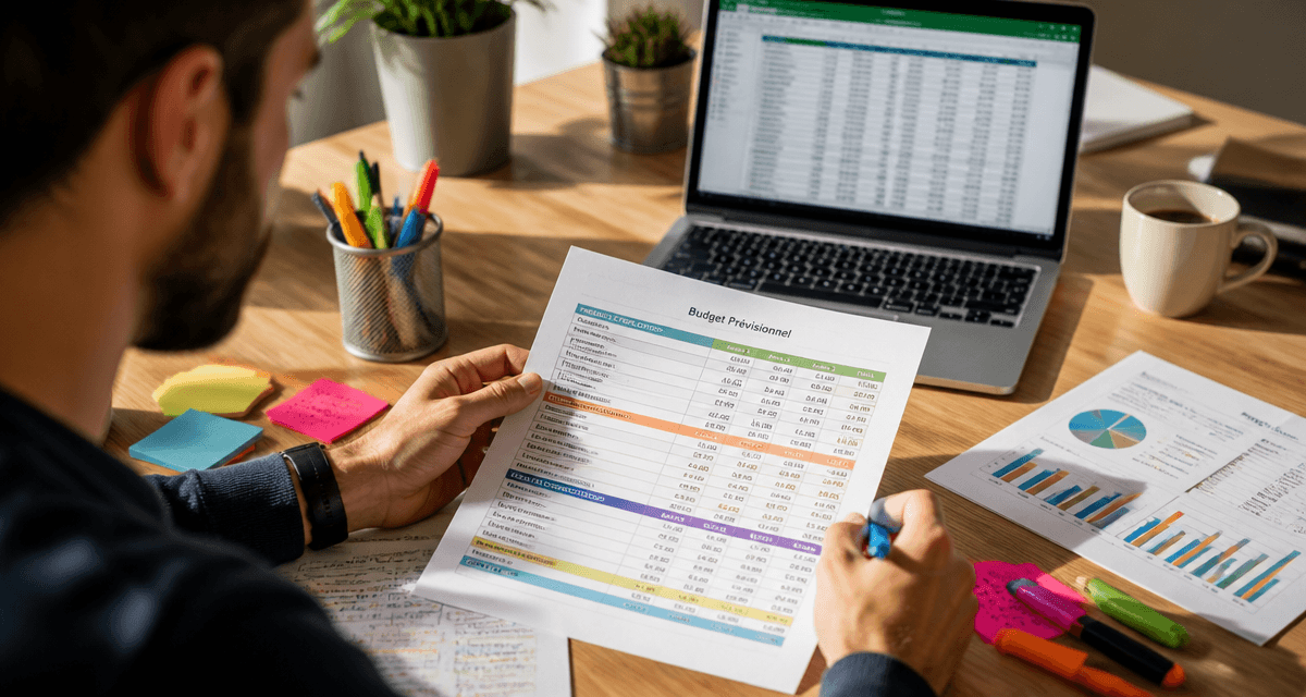 exemple budget prévisionnel sur bureau avec ordinateur