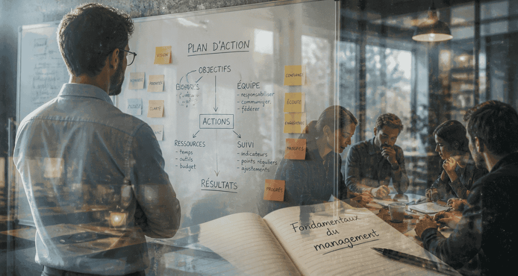 les fondamentaux du management, manager et équipe en réunion