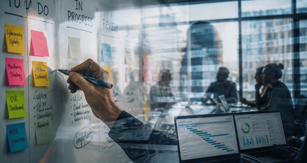 outils de management sur tableau blanc et équipe en réunion