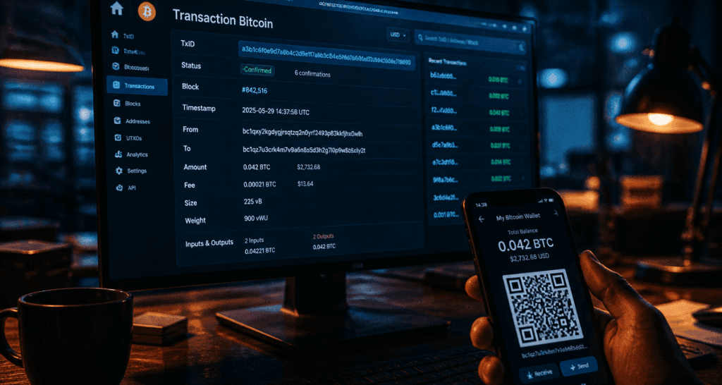 transaction bitcoin sur écran et smartphone