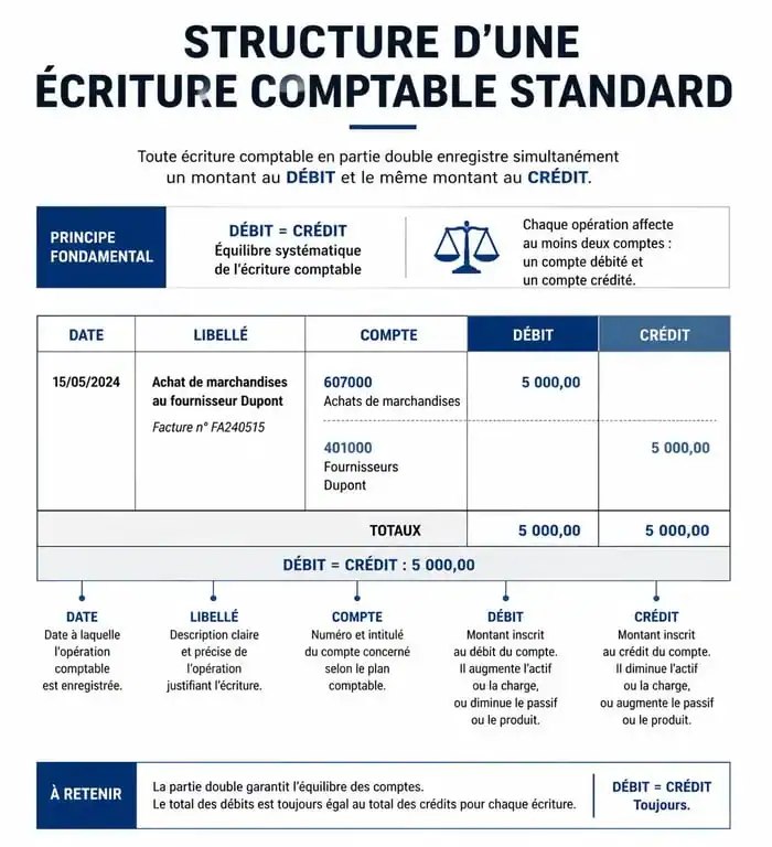 Schéma de comptabilisation d'une opération comptable avec colonnes débit et crédit