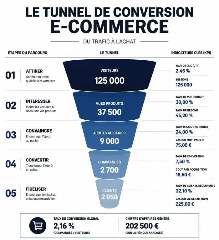 Infographie illustrant les KPI e-commerce essentiels dans le tunnel de conversion