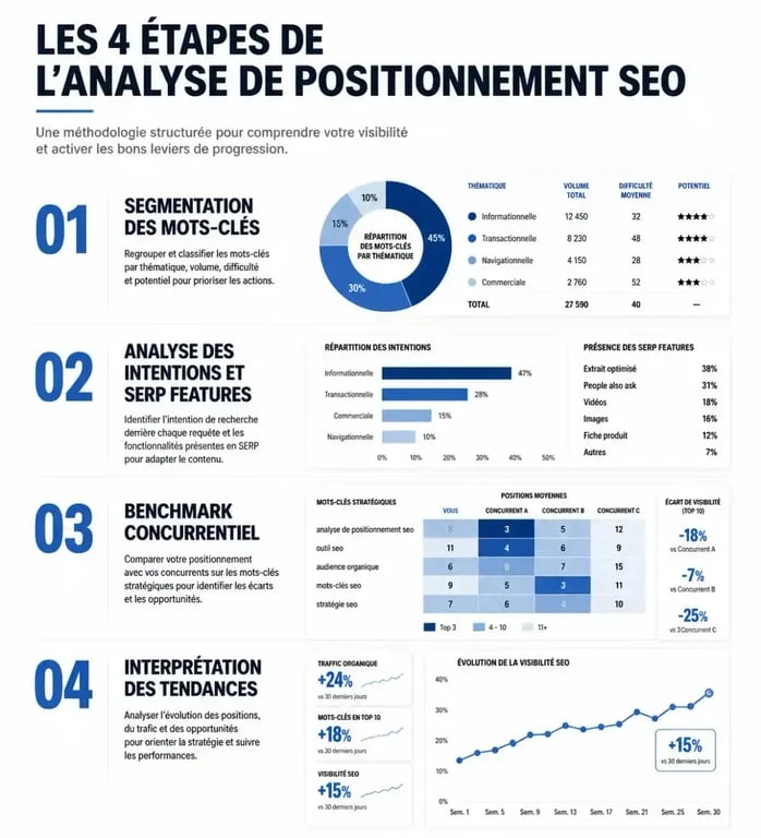 Infographie des 4 étapes pour réussir son analyse de positionnement SEO