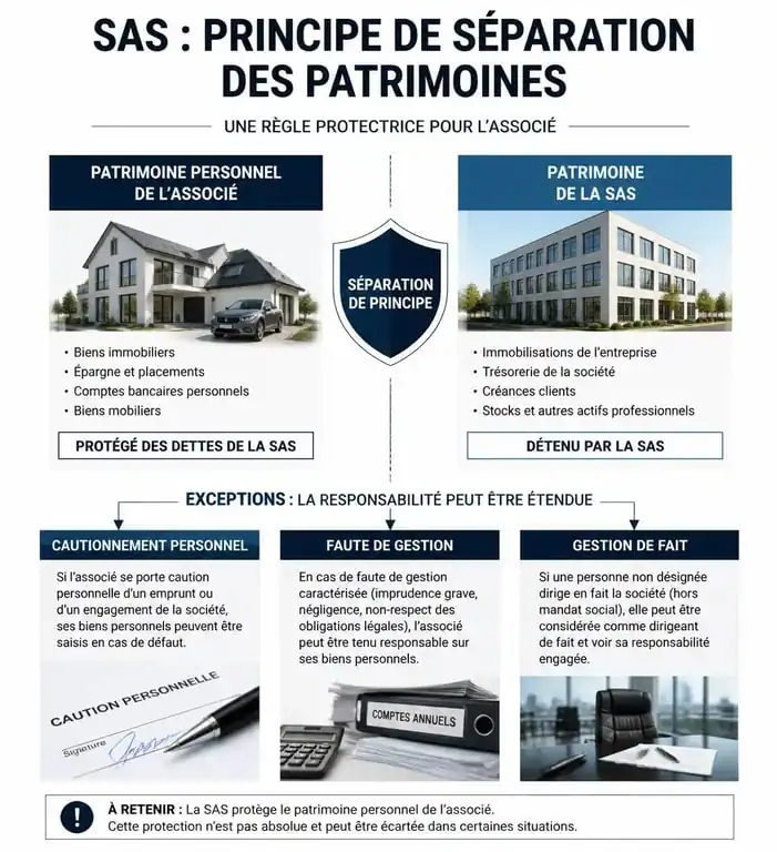 Schéma illustrant la responsabilité en SAS et les exceptions à la limitation de responsabilité des associés.