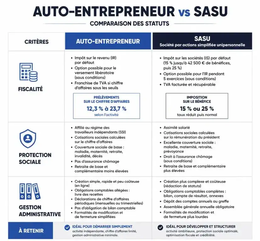 Comparatif auto-entrepreneur ou SASU : différences fiscales et sociales pour choisir son statut juridique