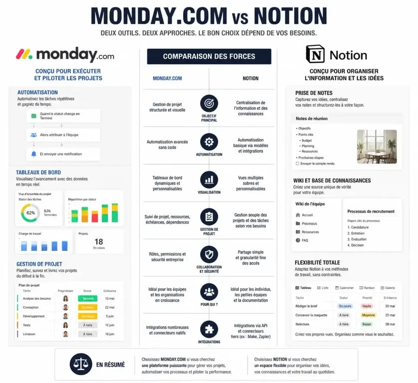 Infographie comparative Monday.com vs Notion pour choisir son outil de gestion de projet