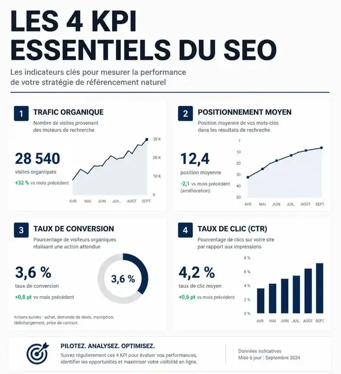 Infographie des indicateurs clés de performance (KPI) pour un consultant SEO