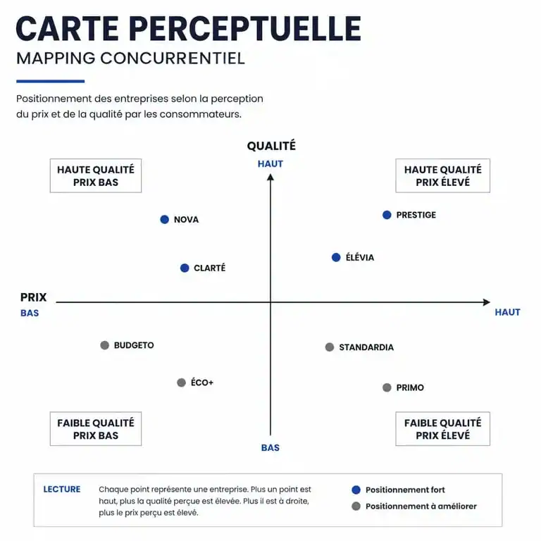 Carte perceptuelle illustrant le positionnement d'une entreprise sur un marché selon le prix et la qualité